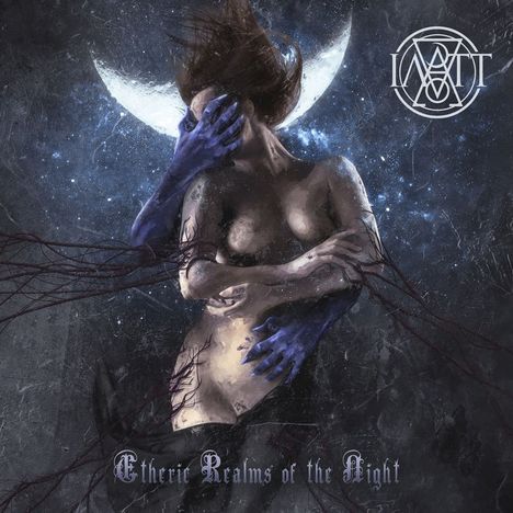 „Etheric Realms of the Night“: Eine Frau umarmt sich, blaue Hände umschlingen sie, Mond und dunkler, mystischer Hintergrund.