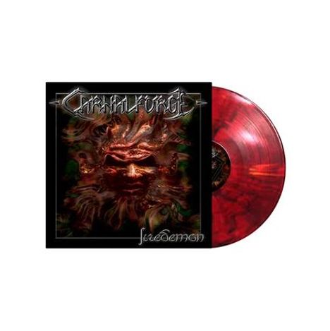 Logo: "CANNIBAL FORCE". Darunter "Judgement". Abbildung eines bedrohlichen Gesichts. Dunkler Hintergrund, rote Vinyl-Schallplatte.