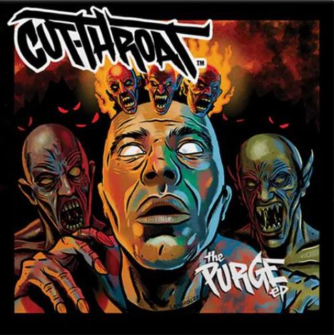 "Cutthroat" und "The Purge EP", Illustration von einem Mann mit drei feurigen Köpfen und gruseligen Kreaturen im Hintergrund.