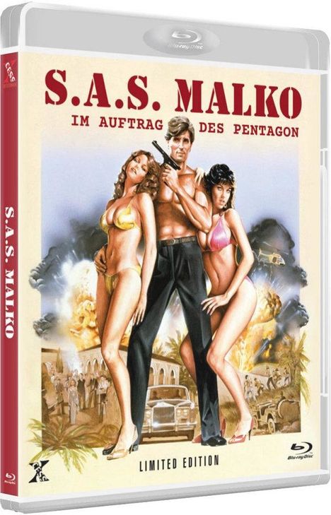 „S.A.S. Malko: Im Auftrag des Pentagon“, Limited Edition, zeigt Mann mit Waffe, zwei Frauen, Explosionen im Hintergrund.