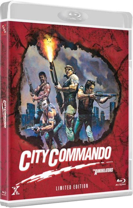 "City Commando", "The Annihilators", "Limited Edition". Illustration: Vier bewaffnete Männer vor Skyline und Flammen.