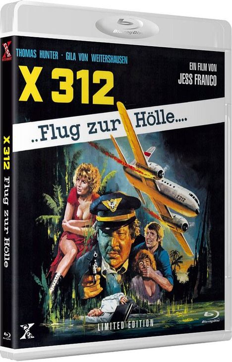 „X 312: Flug zur Hölle". Illustration zeigt ein Flugzeug, einen Mann in Uniform, eine Frau und einen Mann vor einem Dschungel.