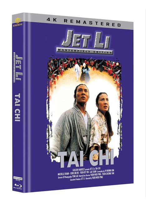 "JET LI MASTERPIECE EDITION", "4K REMASTERED", "TAI CHI". Zwei Menschen in traditioneller Kleidung in kämpferischer Pose.