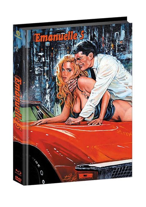 „Emanuelle 5“ in roter Schrift. Eine Illustration zeigt eine Frau auf einem roten Auto, umarmt von einem Mann in weißem Hemd.