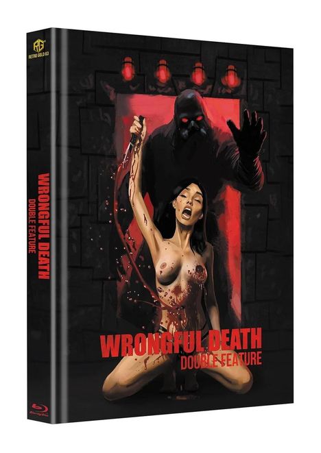 "WRONGFUL DEATH DOUBLE FEATURE" steht zentral. Eine blutige Figur kauert, ein bedrohlicher Schatten dahinter.