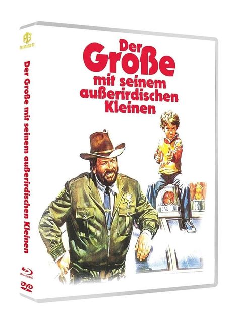 "Der Große mit seinem außerirdischen Kleinen" in roter Schrift. Illustration: Mann mit Hut und Junge auf Polizeiauto.