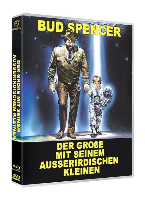 Text: "BUD SPENCER" und "DER GROSSE MIT SEINEM AUSSERIRDISCHEN KLEINEN". Illustration: Ein Mann und ein Kind, das einen Raumanzug trägt.