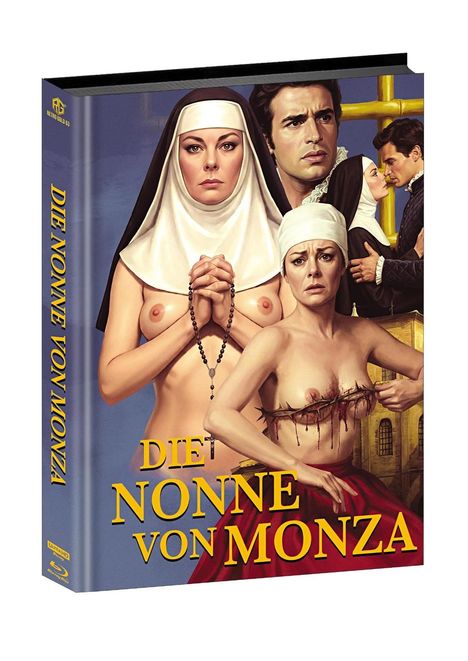 "Die Nonne von Monza" in gelben Buchstaben. Eine Nonne in Nonnentracht betet, daneben eine andere Frau mit Dornenkrone.