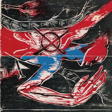 Ein X-Symbol überlagert verzerrte rote, blaue und schwarze Formen, die wie dynamische Linien und Texturen wirken.