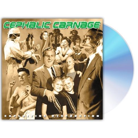 "Cephalic Carnage" oben, "Exploiting Dysfunction" unten. Sepia-Collage mit surrealen, gemischt menschlichen Motiven.