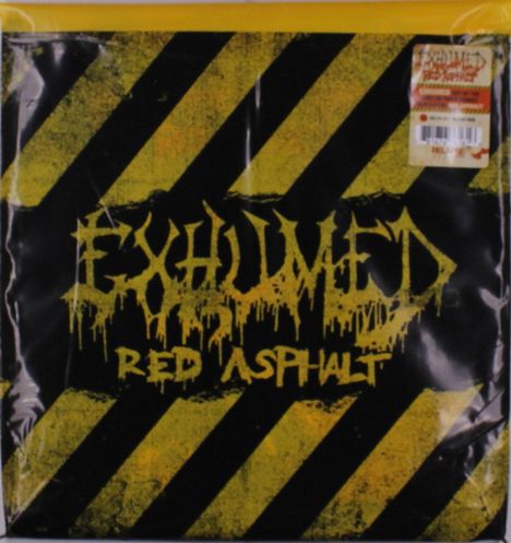"EXHUMED" und "RED ASPHALT" in gelb auf schwarzem Hintergrund mit gelben Streifen.
