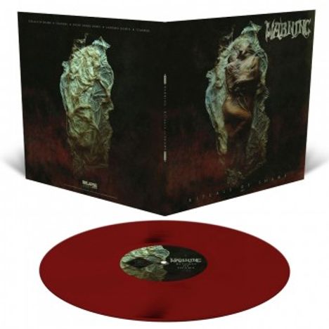 Text: "Warbringer" und "Weapons of Tomorrow." Dunkles Albumcover mit abstrakter, organischer Skulptur und roter Vinyl-Schallplatte.