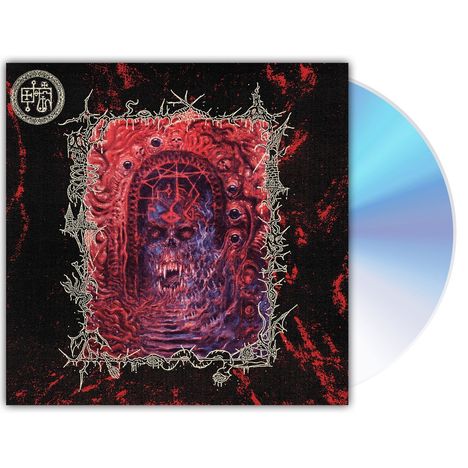 Verzierter Schriftzug umringt ein detailliertes, mystisches Gemälde eines Totenkopfes in rötlich-dunklem Farbschema. CD sichtbar.
