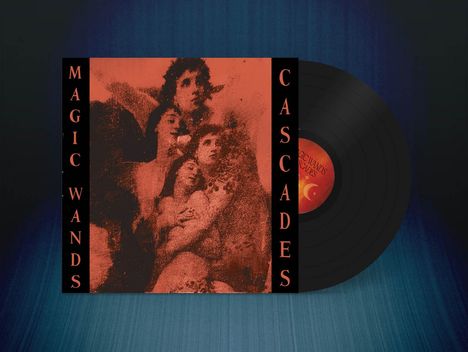 „Magic Wands Cascades“ steht auf einem Albumcover mit rotem Gemälde mehrerer Personen und einer schwarzen Schallplatte.