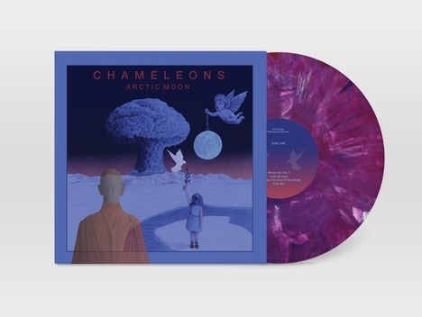 Text: "Chameleons Arctic Moon", "Where Are You?", "Lady Strange", "Face The End Of The World", "Free Me".  
Illustration: Engel, Mond, Taube, Atomwolke, Person.  
Vinyl: Lila marmoriert.