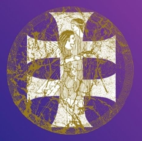 Text ist nicht ersichtlich. Eine Illustration zeigt ein Kreuz und zwei stilisierte Figuren in goldener Verzierung auf violettem Grund.