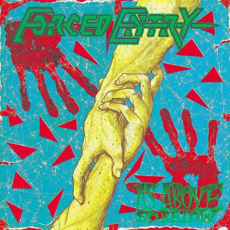 "Forced Entry", "As Above, So Below". Illustration mit gelben Händen, roten Handabdrücken und roten Dreiecken auf blauem Hintergrund.