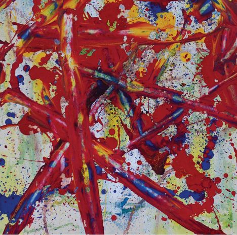 Abstrakte, bunte Illustration mit dominanten roten Linien und Spritzern in Gelb, Blau und Grün.