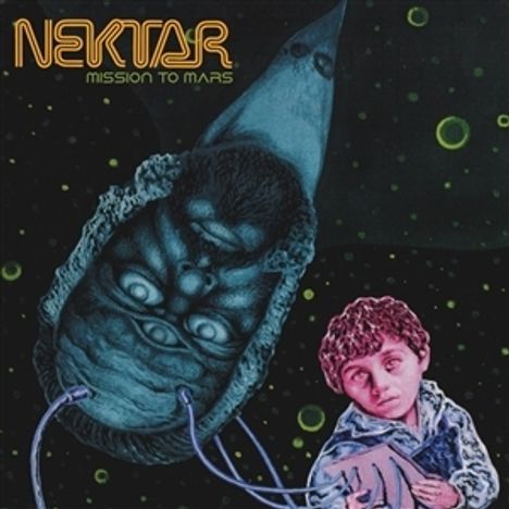 "Nektar Mission to Mars" oben. Surreale Illustrationen: Eine Kreatur mit Schläuchen und ein Junge im Weltraum.