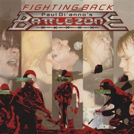 Text: "Fighting Back, Paul Di'Anno's Battlezone". Vordergrund: Rote Silhouetten von Soldaten, Hintergrund: Musiker beim Auftritt.