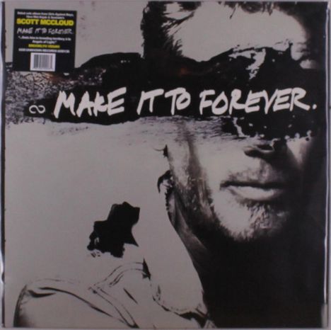 Text: "MAKE IT TO FOREVER."
Ein schwarz-weißes Porträt eines Mannes, Augen mit schwarzem Streifen verdeckt.