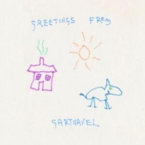 Text: "GREETINGS FROM GARTNAVEL". Illustration: Ein einfaches Haus, Sonne und ein Tier. Verspielte Zeichnung.