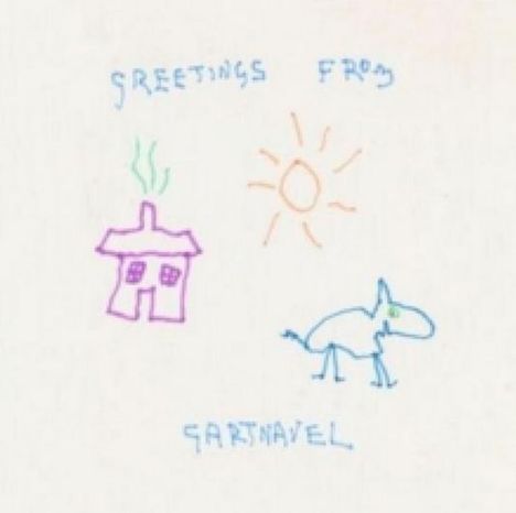 Text: "GREETINGS FROM GARTNAVEL". Eine kindliche Zeichnung zeigt ein Haus, eine Sonne und ein Tier.