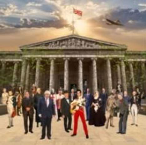 Mehrere Figuren stehen vor einem säulenreichen Gebäude, im Hintergrund fliegt ein Flugzeug.