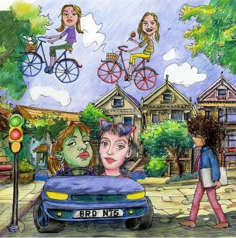 Text auf dem Nummernschild: "BRD NTS". Cartoon-Stil: Menschen auf Fahrrädern, ein Auto, Häuser und ein Fußgänger.