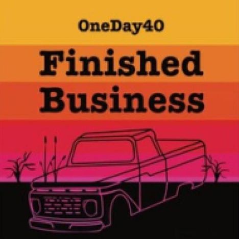 OneDay40, Finished Business. Illustration eines Trucks vor einem farbigen Streifenhintergrund in Orange und Pink.
