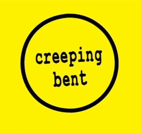 Text "creeping bent" in einem schwarzen Kreis auf gelbem Hintergrund.