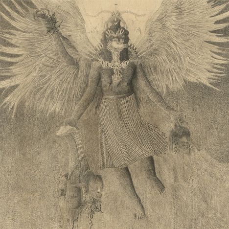 Es handelt sich um eine detaillierte Illustration einer mythologischen Figur mit Flügeln und mehreren Armen.