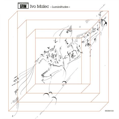 Text: „Ivo Malec – Luminétudes“. Linien und abstrakte Formen fließen ineinander, umrahmt von geometrischen Mustern.