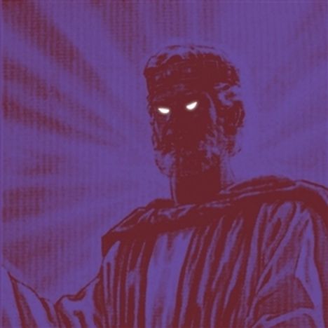 Illustration: Dunkle Gestalt mit leuchtenden Augen vor lila Hintergrund, strahlt eine eindringliche Präsenz aus.