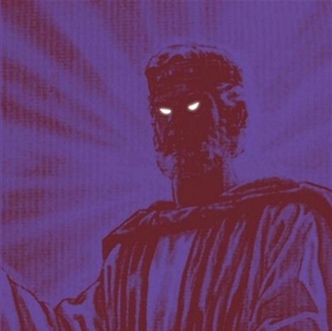 Illustration: Eine mystische Figur mit leuchtenden Augen vor einem lila Hintergrund.