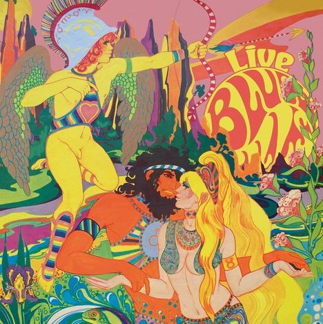 Text: "Live Blue". Illustration im farbenfrohen, psychedelischen Stil. Geflügelte Figur mit Pfeil und Bogen, Liebespaar.