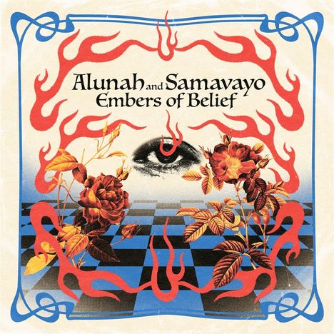 "Alunah and Samavayo, Embers of Belief" steht zentral. Eine Illustration mit flammenden Mustern, Rosen und einem Auge.
