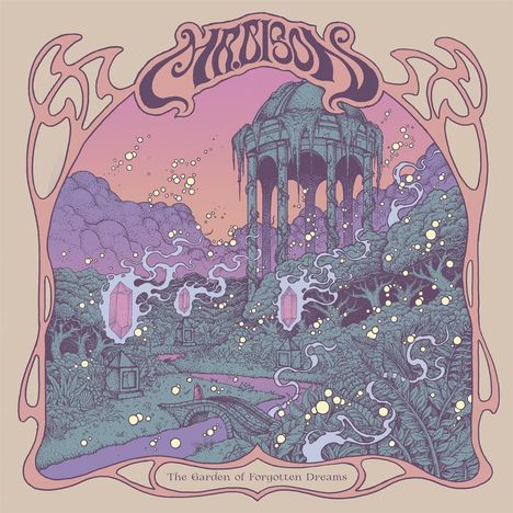 "Ogrovision" oben, "The Garden of Forgotten Dreams" unten. Fantasievolle Illustration einer verzauberten Landschaft im Jugendstil.