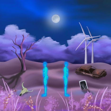 Zwei blaue Silhouetten, Windräder, kaputtes Auto, Baumschädel, Mond am Himmel, violette Landschaft.