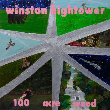 Text: "winston hightower", "100 acre wood". Gemälde mit Sternform, Natur- und Nachtszenen in verschiedenen Segmenten.