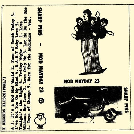 Sharp Pins - Mod Mayday 23. Illustration von Menschen in Streifenhosen und Rollerbild. Seitenbeschriftungen enthalten Tracklist.