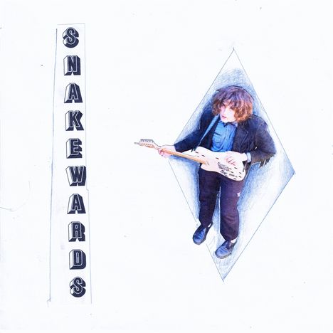 Text: SNAKEWARDS. Illustration eines Mannes mit Gitarre in einem geometrischen Muster.