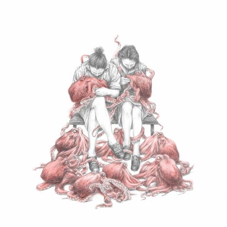 Illustration von zwei Personen, die auf einer Bank sitzen, mit rosa Oktopussen um und auf ihrem Schoß.