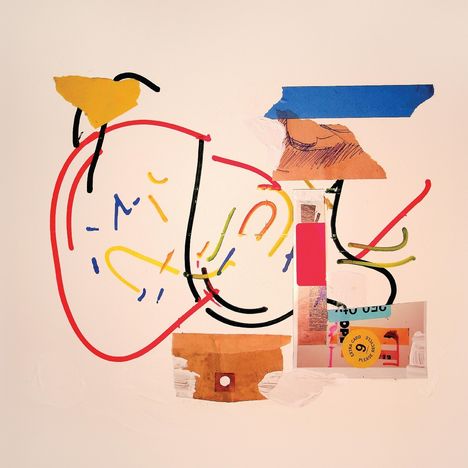 Eine abstrakte Collage mit bunten Linien, Formen und Papierstücken, darunter rote, gelbe und schwarze Elemente.