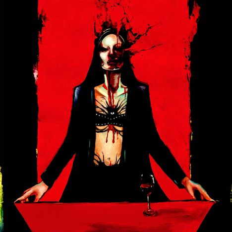 Ein düsteres Gemälde: Eine Person mit düsterem Ausdruck, blutigem Mund, Rotes Hintergr., schwarzes Outfit, Weinglas.