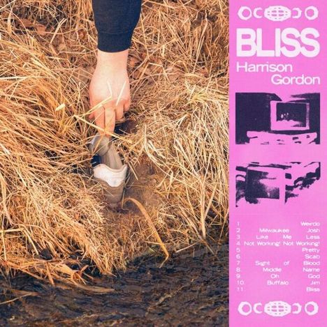 "BLISS, Harrison Gordon" in pinker Schrift. Links eine Hand zieht einen Schuh aus trockenem Gras.