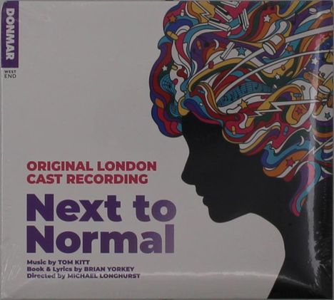 "Original London Cast Recording. Next to Normal. Illustration eines Profils mit buntem, abstraktem Haarmuster."