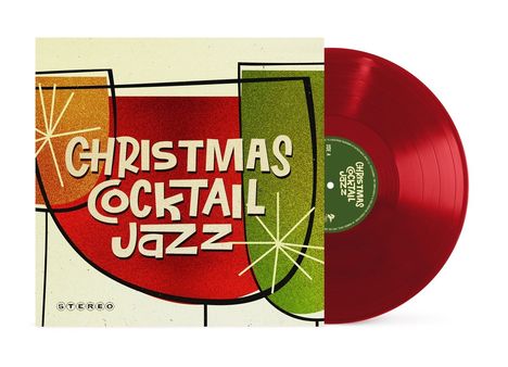 Text: "Christmas Cocktail Jazz". Stilvolle, bunte Illustrationen von Getränkegläsern. Rote Vinyl-Schallplatte.