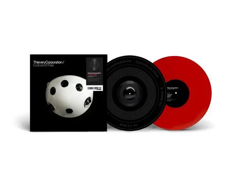 "Thievery Corporation / Culture of Fear." Zwei Schallplatten, eine schwarz, eine rot. Ein Cover mit weißem Ball und Löchern.