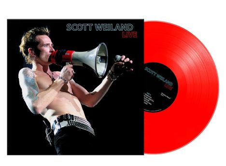 "SCOTT WEILAND LIVE" zeigt einen Mann mit Megafon. Rechteckige, bunte Illustration mit roter Vinyl-Schallplatte daneben.